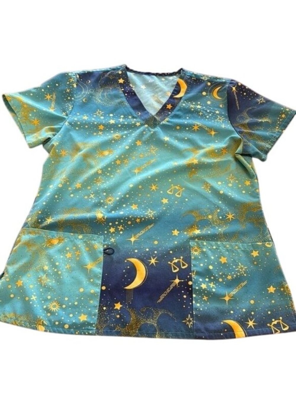 Womens Celestial Print Medical Scrub Top V-Neck 2 Pockets Size M 93% Polyester 7